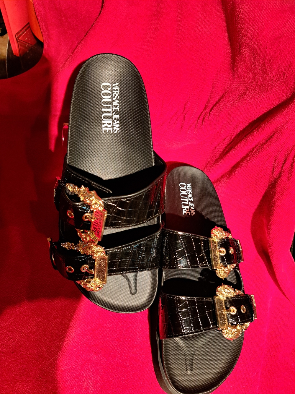 Versace Jeans Couture Black Croc-Embossed Buckle Slide Sandals